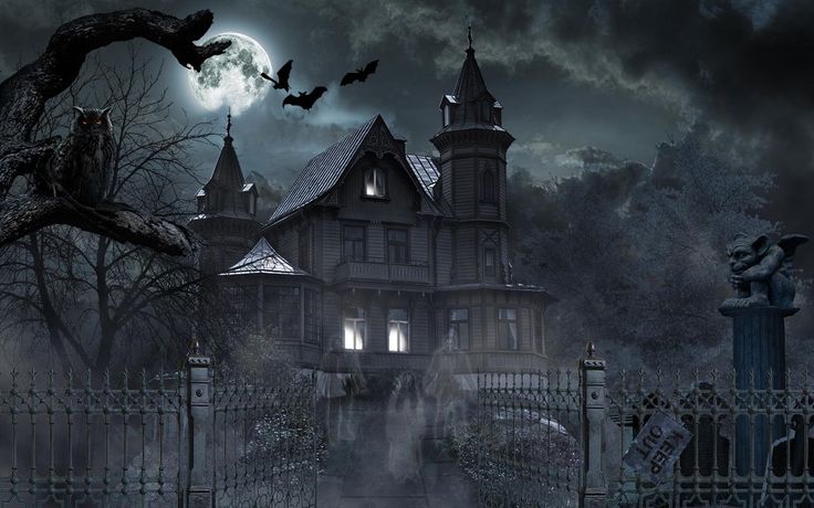 a creepy house with bats flying over it