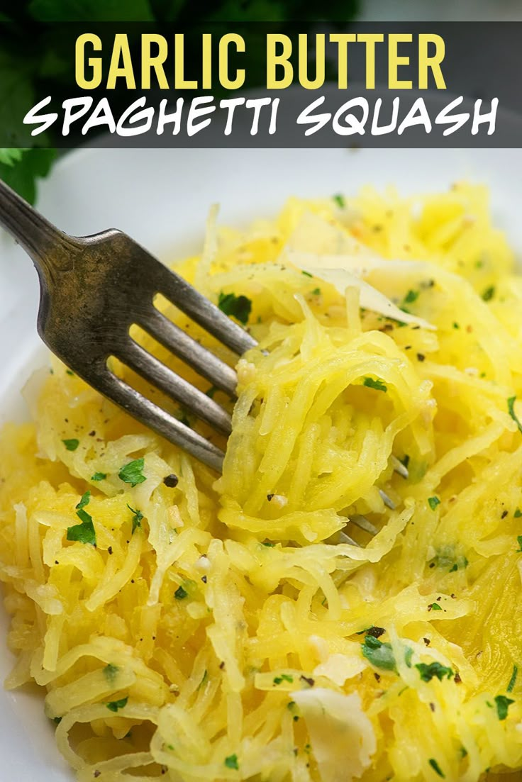 a fork is stuck into some spaghetti on a plate with parsley and parsley