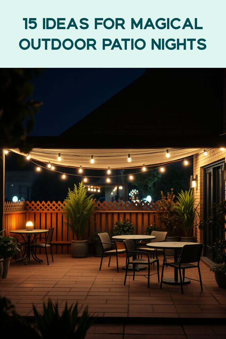 an outdoor patio with string lights and potted plants