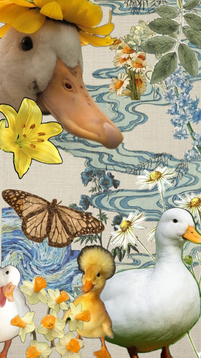 an image of ducks and flowers on a wallpapered background with butterflies, moths, and water lillies