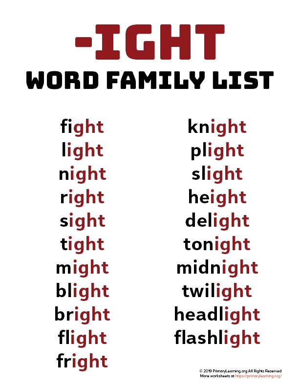 the word family list is shown in red and black