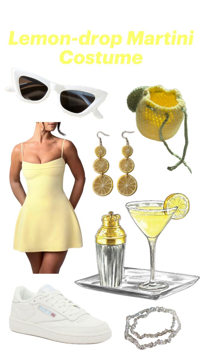 a woman in a yellow dress and sunglasses next to lemon - drop martini costume with accessories