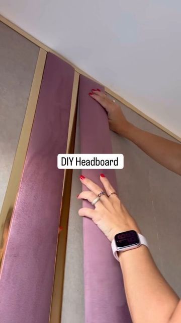 a woman with her hand on the edge of a yoga mat that says diy headboard