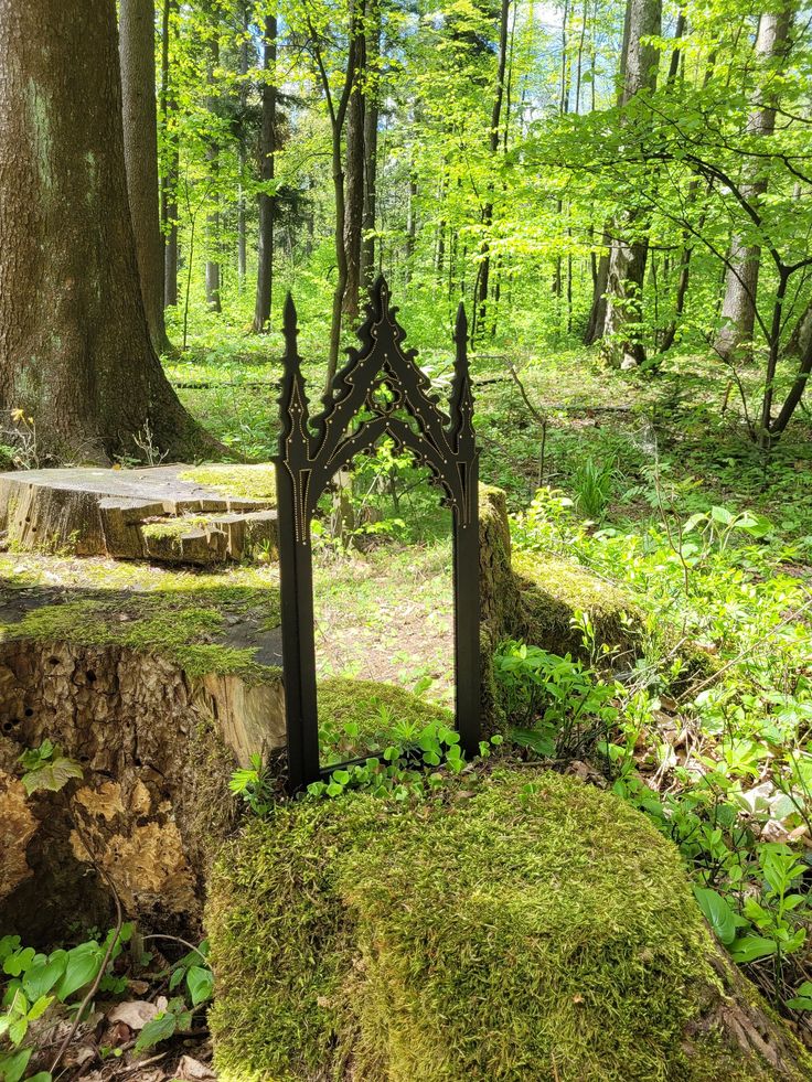 an old iron gate in the woods with moss growing on it