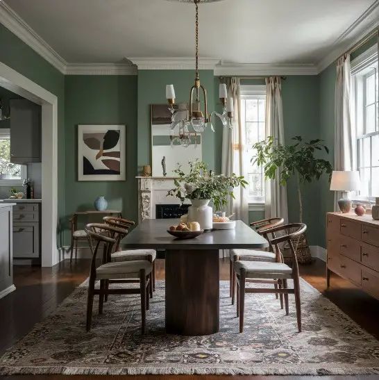 a dining room with green walls and wooden floors, an area rug on the floor