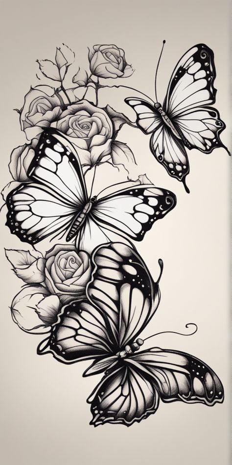 butterflies and roses tattoo design on a white background