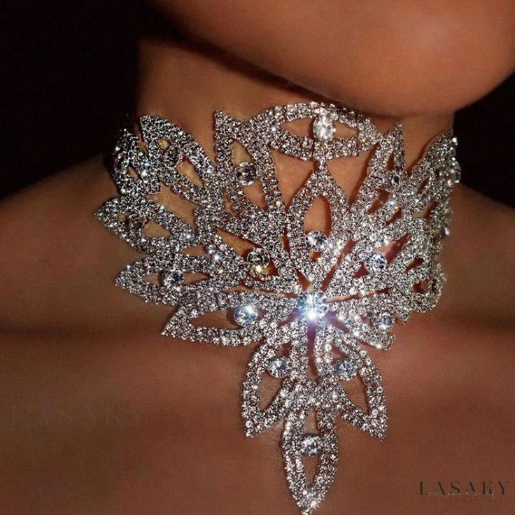 Lasaky - Exquisite Rhinestone-Embellished Choker Necklace with Delicate Floral Motif - Silver Statement Necklace Wedding, Crystal Jewelry Necklaces, Rave Babe, Rhinestone Statement Necklace, Body Chains, Rhinestone Choker Necklace, Silver Choker Necklace, Crystal Choker Necklace, Neck Accessories