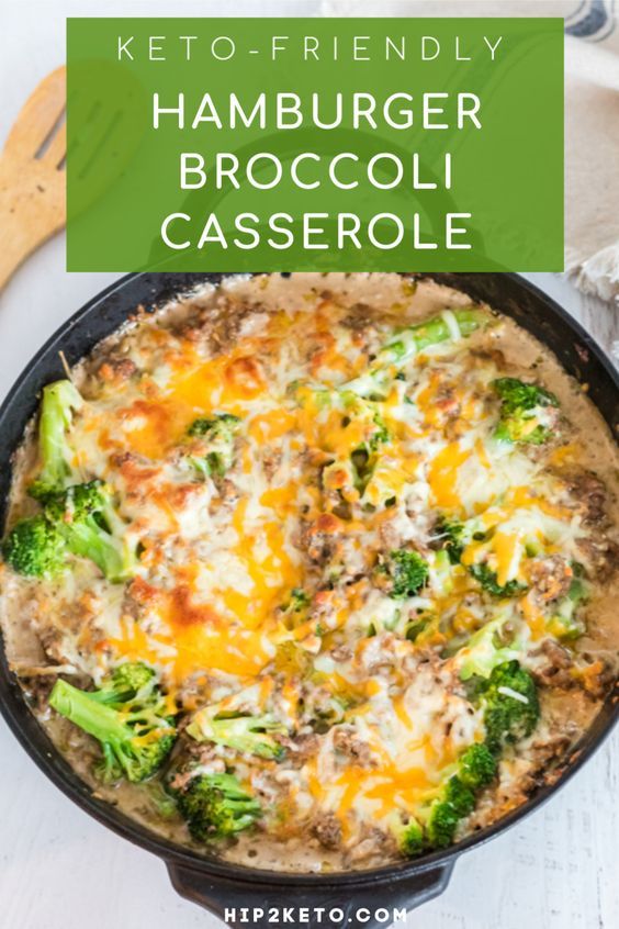 broccoli and cheese casserole in a cast iron skillet with text overlay