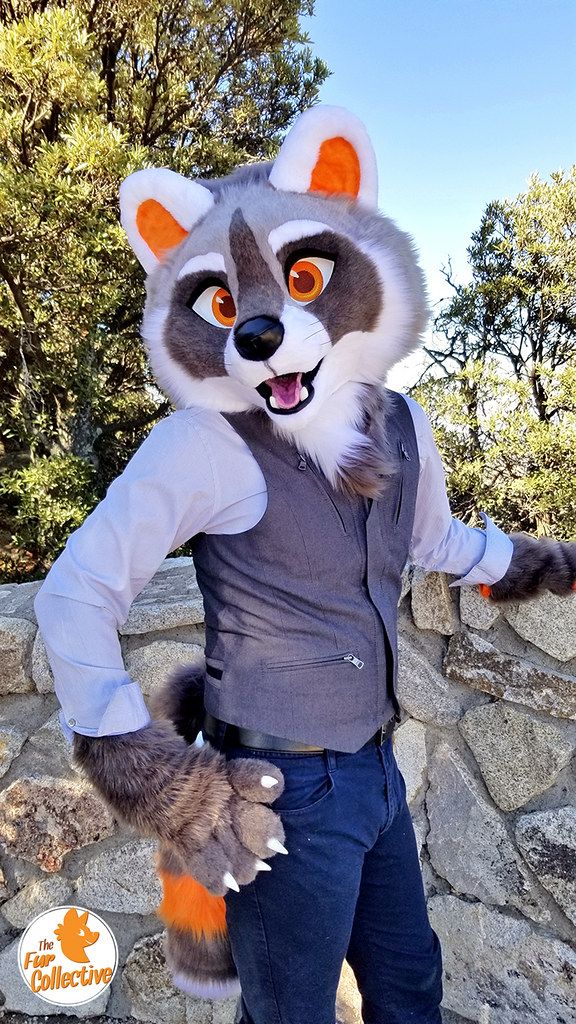 a man in a raccoon costume standing next to a stone wall with his hands on his hips