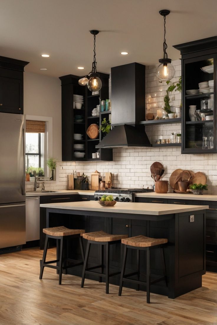 a kitchen with black cabinets and wooden floors