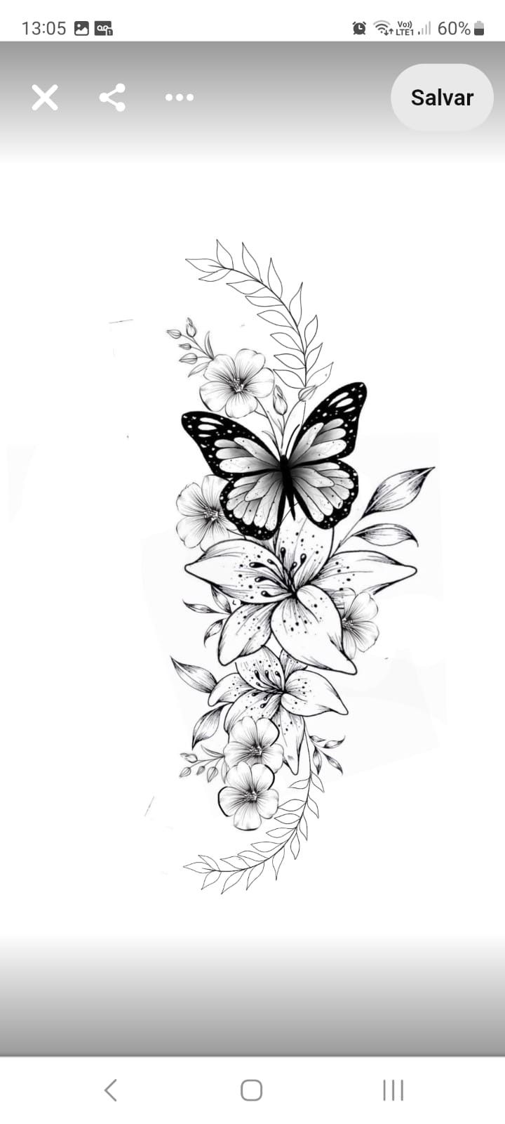 a black and white drawing of a butterfly on flowers with leaves in the background,