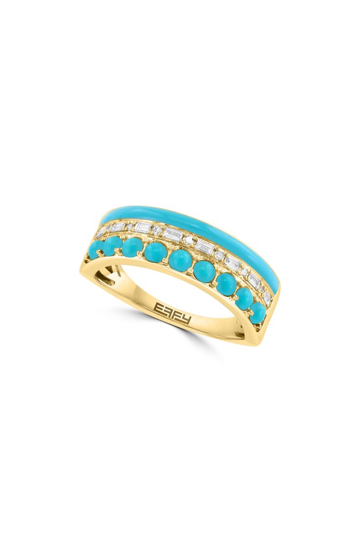 Sparkling diamonds enrich a 14-karat gold ring showcasing round turquoise and enamel for a pop of color. 1/4" width Total turquoise weight: 0.60ct. Total diamond weight: 0.16ct. Color: H–I Clarity: I1–I2 14k gold/turquoise/diamond/enamel Made in the USA Diamond Guide Turquoise Diamond Rings, Diamond Guide, Sparkle Diamonds, Womens Jewelry Rings, Rings Statement, Diamond Rings, Turquoise Ring, Gold Ring, Jewelry Pieces