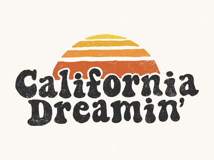 the california dreamin logo is shown in black and orange, with an orange sunset behind it