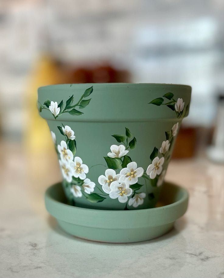 a green bowl with white flowers painted on it