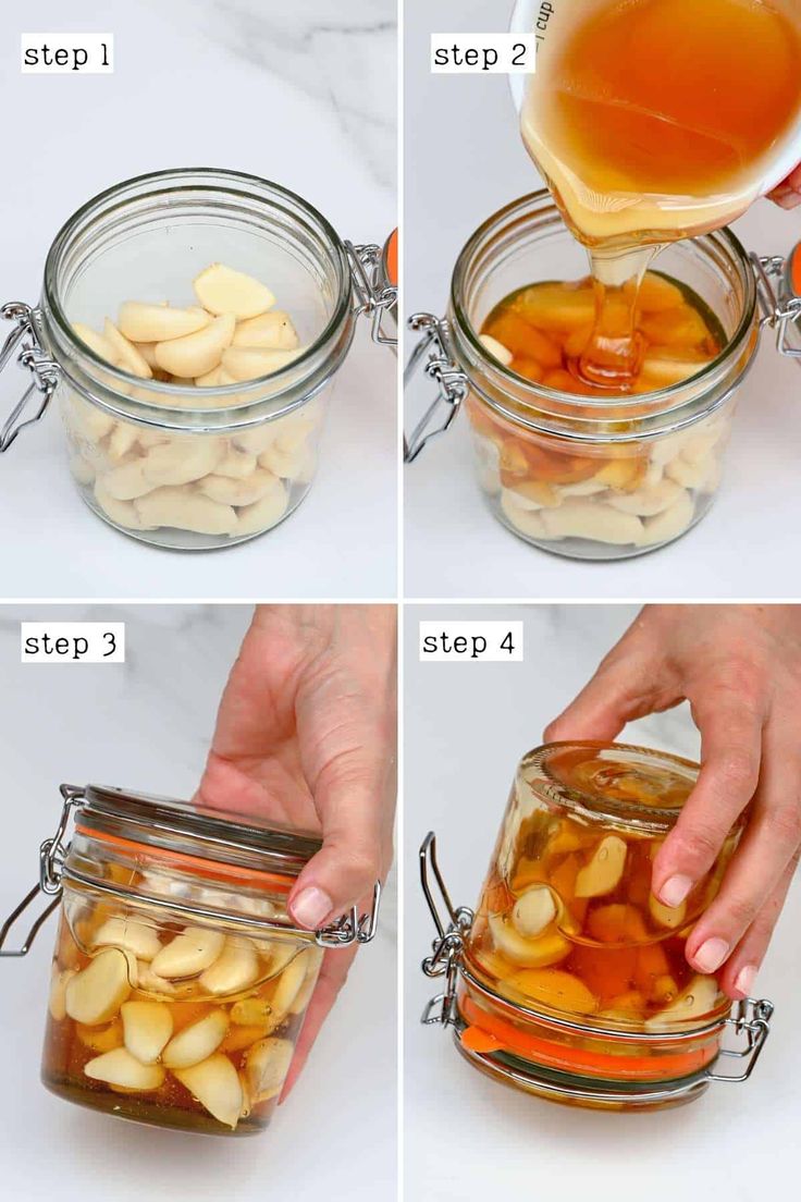 four pictures showing how to make homemade apple cider recipe with apples in the jar