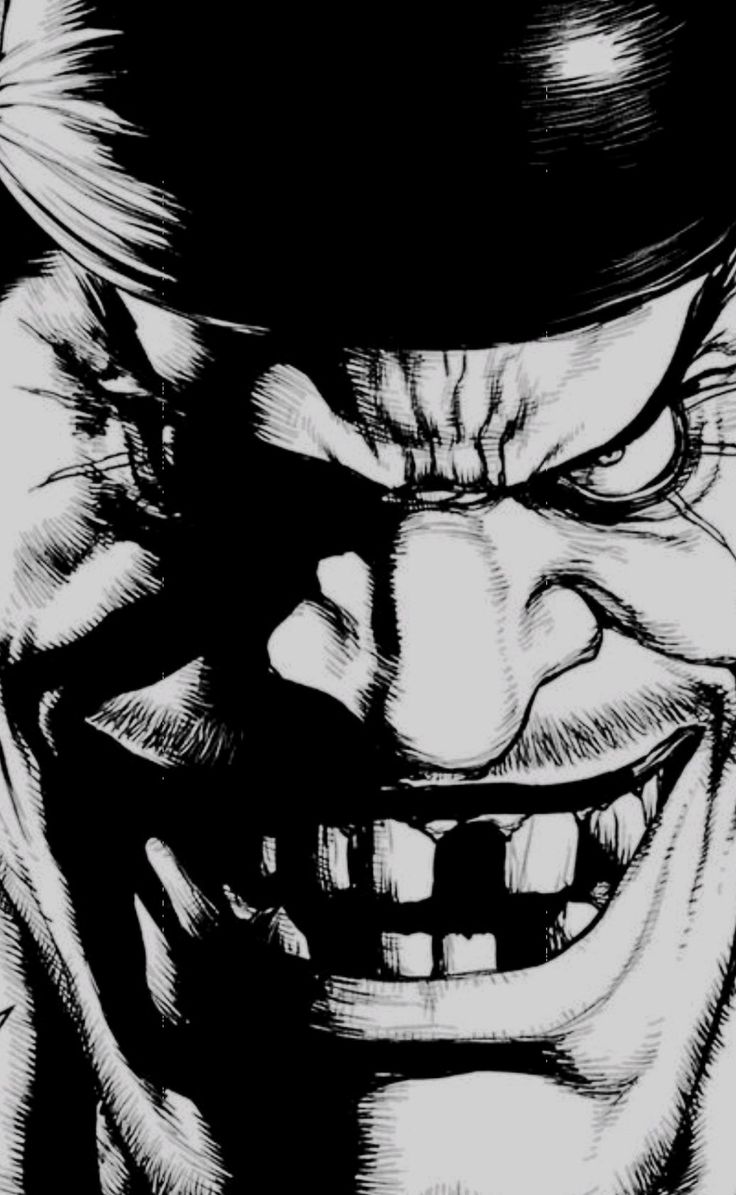 a drawing of the joker with his mouth open and eyes wide open, in black and white