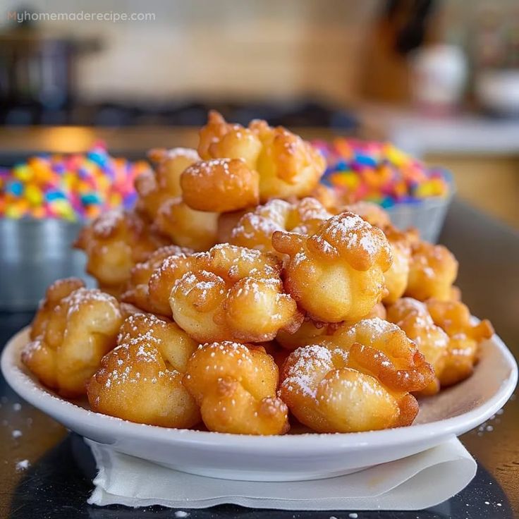 a white plate topped with donuts covered in powdered sugar