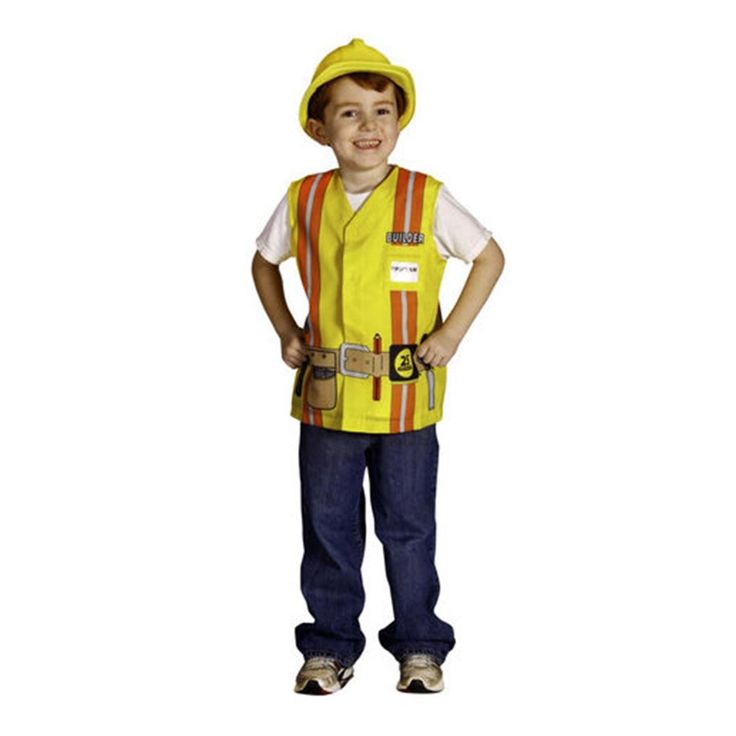 a young boy wearing a yellow construction worker vest and matching hat, standing in front of a white background