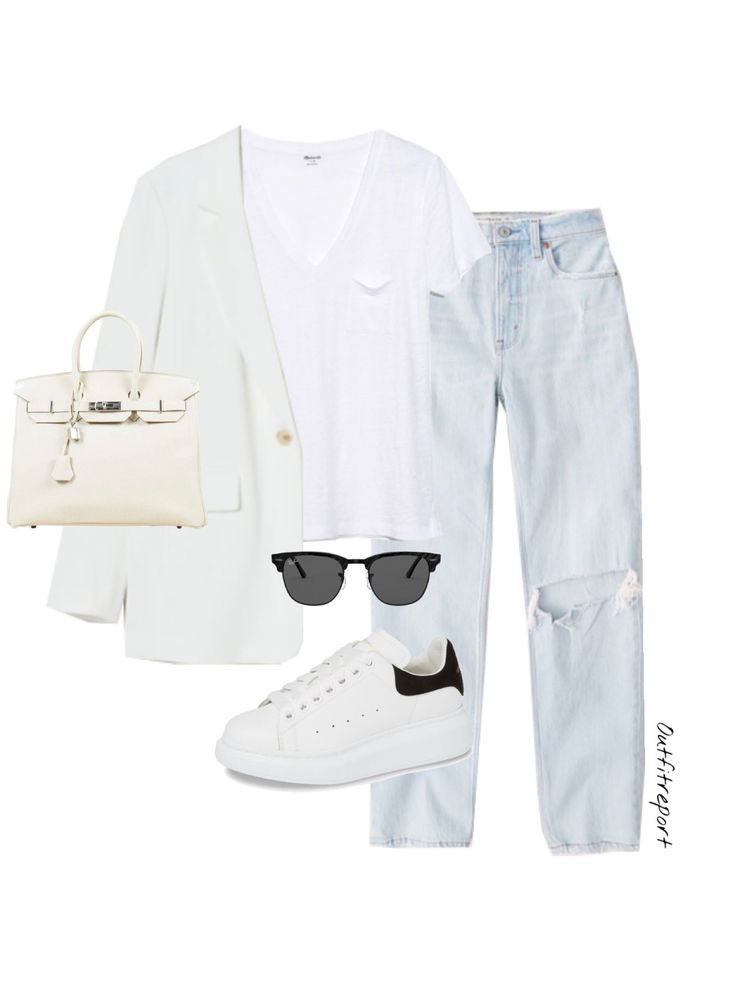 White Outfits For Women Casual, Denim White Outfit, White Outfit Ideas Casual, White And Denim Outfits, Office Sweater Outfit, Office Outfits For Ladies, Happy Hour Outfit, Women Work Outfits, Mcqueen Sneakers