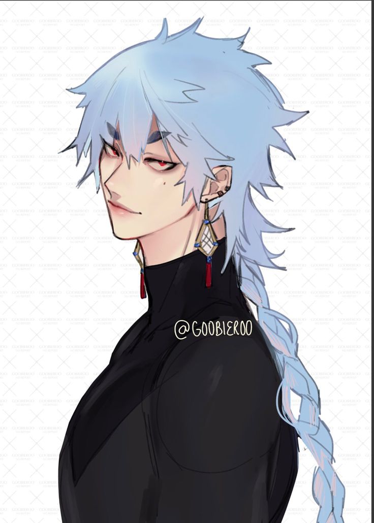 an anime character with white hair and long blue hair, wearing black shirt and red earrings