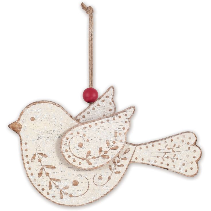 a wooden bird ornament hanging on a string with a red bead in it's beak