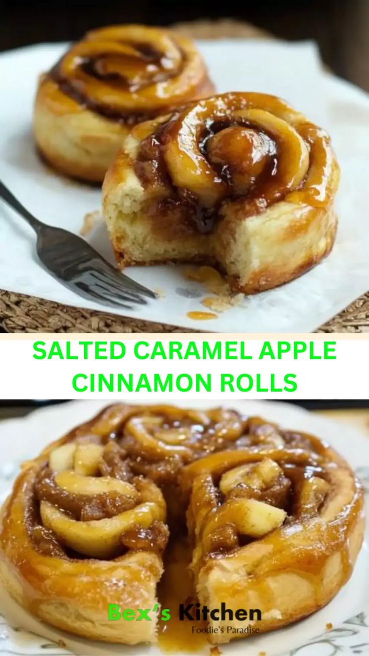 two different views of cinnamon rolls on a plate