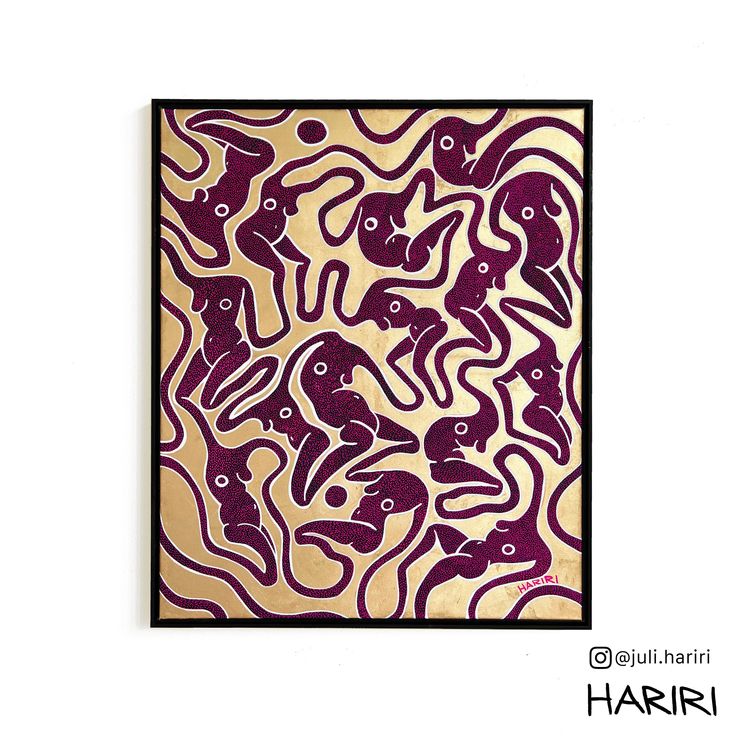 an abstract painting in purple and gold on a white background with black border around it