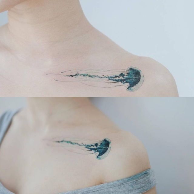 two pictures of a woman's shoulder with tattoos on her chest and the same tattoo