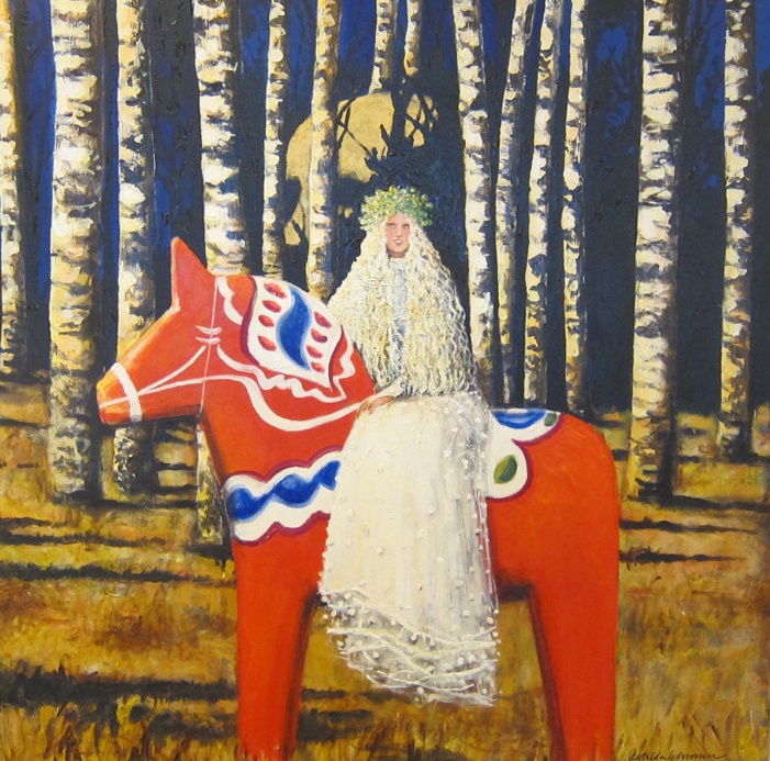 a painting of a woman riding on the back of a red horse in a forest