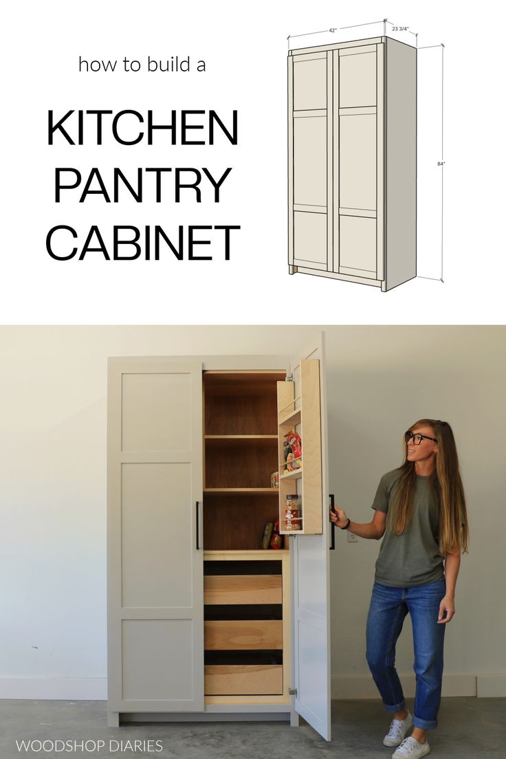 a woman standing in front of a kitchen pantry with the words how to build a kitchen pantry cabinet