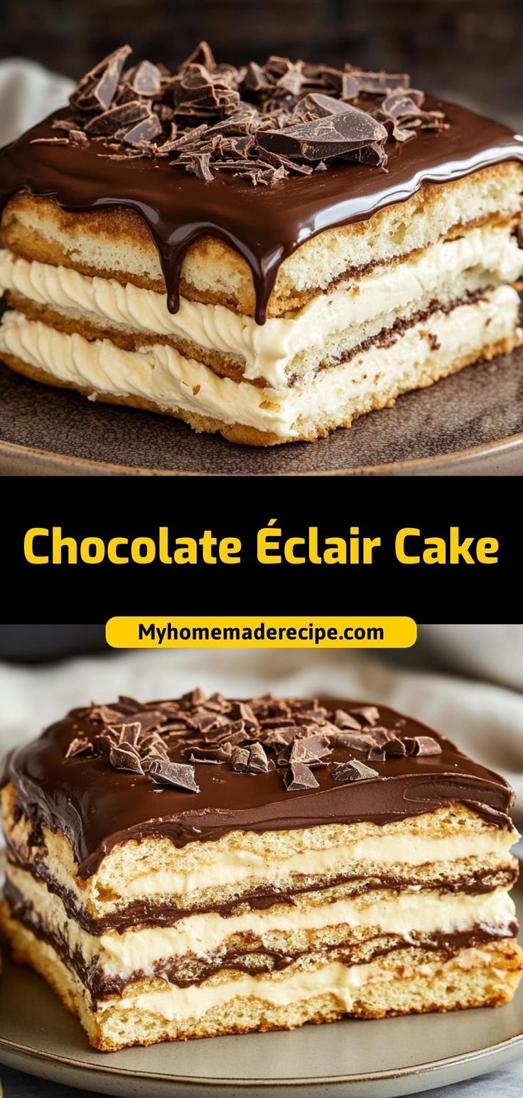 chocolate eclair cake on a plate with text overlay that reads chocolate eclair cake