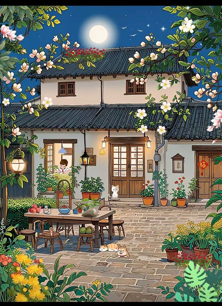 a painting of a house with flowers on the outside