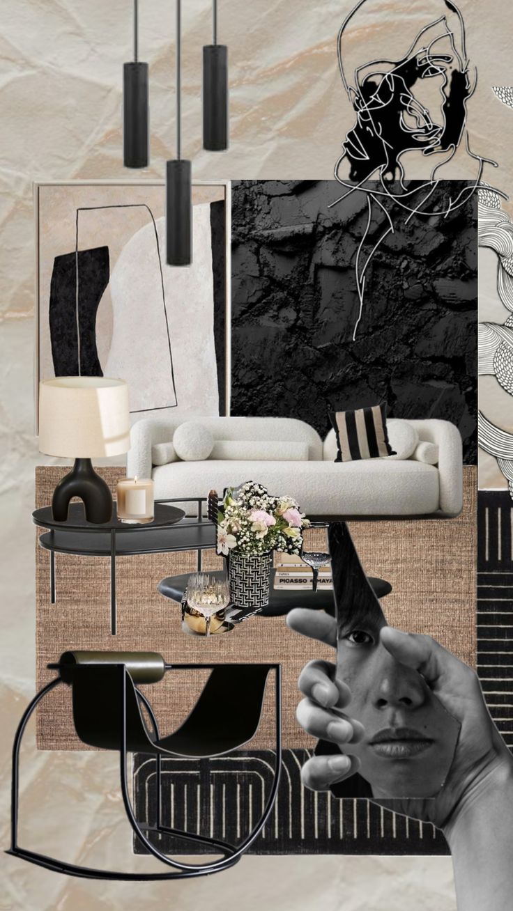 a collage of black and white photos with furniture