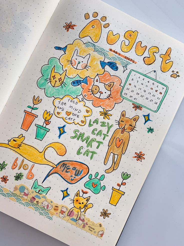 cat themed bullet journal spread for august, hand drawn with pen and color pencils, further decorated with washi tape August Journal Ideas, Cartoon Bujo Theme, 70s Bujo Theme, Bujo Cat Theme, August Journal, August Bujo, Bullet Journal Tracking, Bullet Journal Space Theme, Bujo 2023