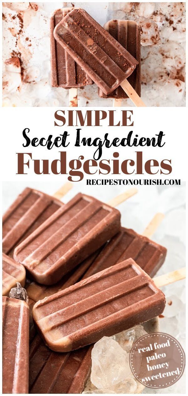 chocolate fudge pops with text overlay that reads simple secret ingredient fudges