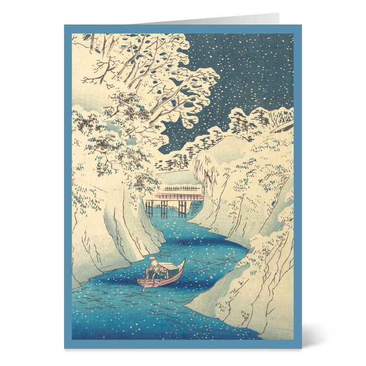 a card with an image of a boat in the water and snow covered mountains behind it