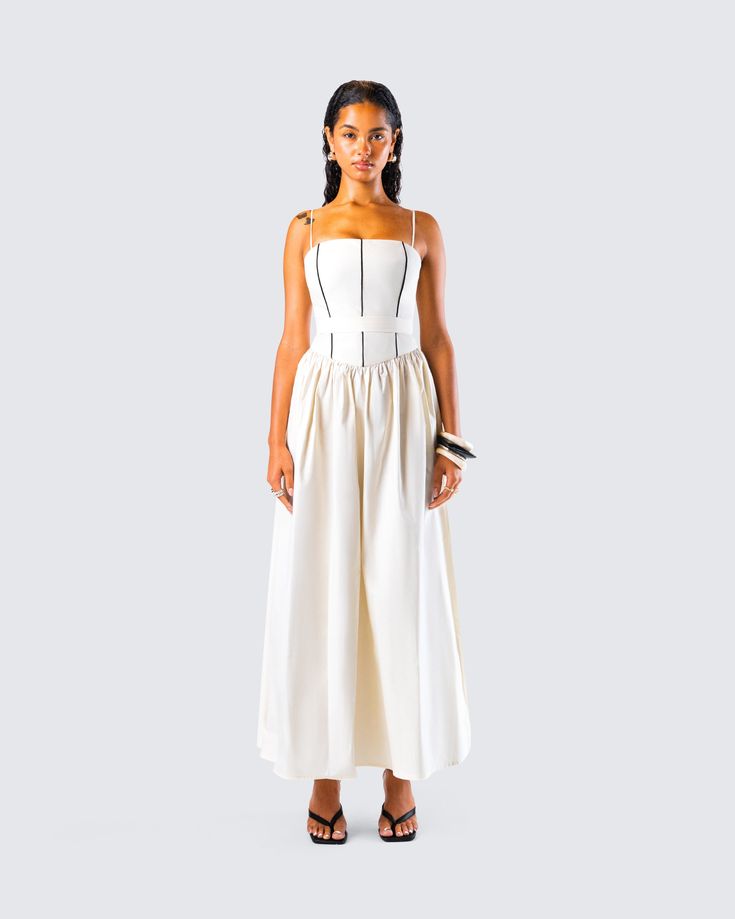 Make a lasting impression in this ivory cotton maxi dress 🤍 With black contrast piping trim and a fitted bodice, this gorgeous piece made from cotton poplin fabric is the kind of look that will effortlessly bring all of the attention straight to you 🙌 White Cotton Dress With Boned Bodice, Summer Cotton Maxi Dress With Fitted Bodice, White Cotton Maxi Dress With Fitted Bodice, Elegant Cotton Lined Midi Dress, Elegant Lined Cotton Midi Dress, Elegant Cream Cotton Midi Dress, Cotton Maxi Dress With Fitted Bodice, White Lined Maxi Dress With Fitted Bodice, White Fitted Bodice Maxi Dress With Lining