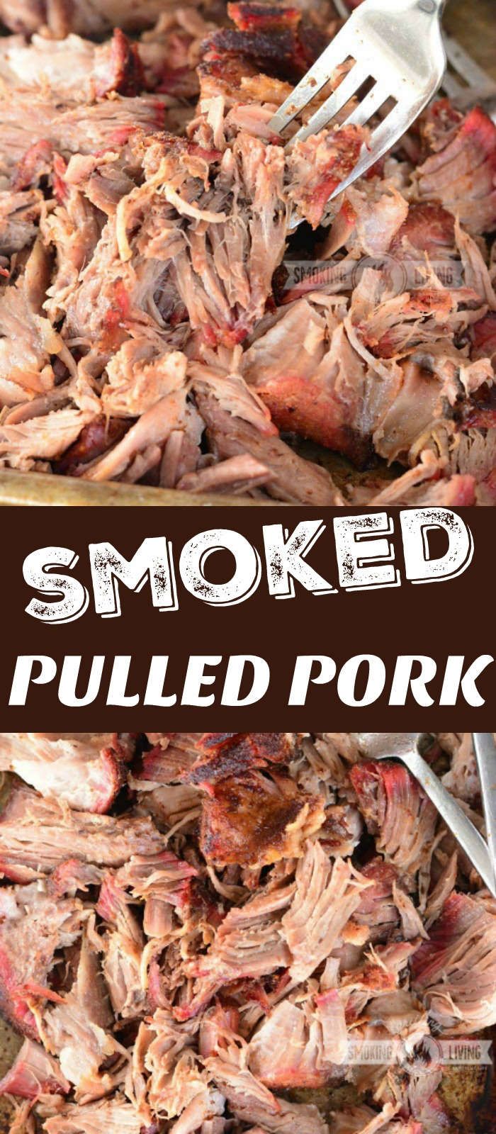 pulled pork in a pan with the words smoked pulled pork on top and an image of a fork sticking out of it