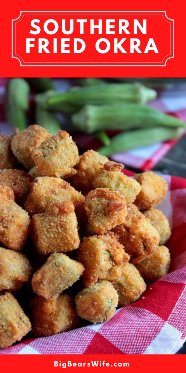 some fried food on a red and white checkered table cloth with green beans in the background