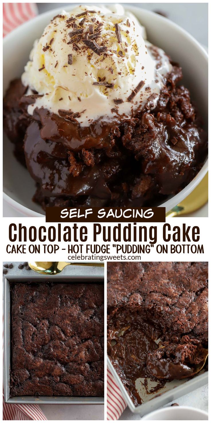 overhead view of chocolate pudding cake in a cake pan and a serving dish. Topped with vanilla ice cream. Brownie Pudding Cake, Baking Chocolate Cake, Chocolate Cake Pudding, Chocolate Pudding Dessert, Pudding Sauce, Chocolate Pudding Cake Recipe, Baked Chocolate Pudding, Dip Appetizers, Chocolate Pudding Desserts