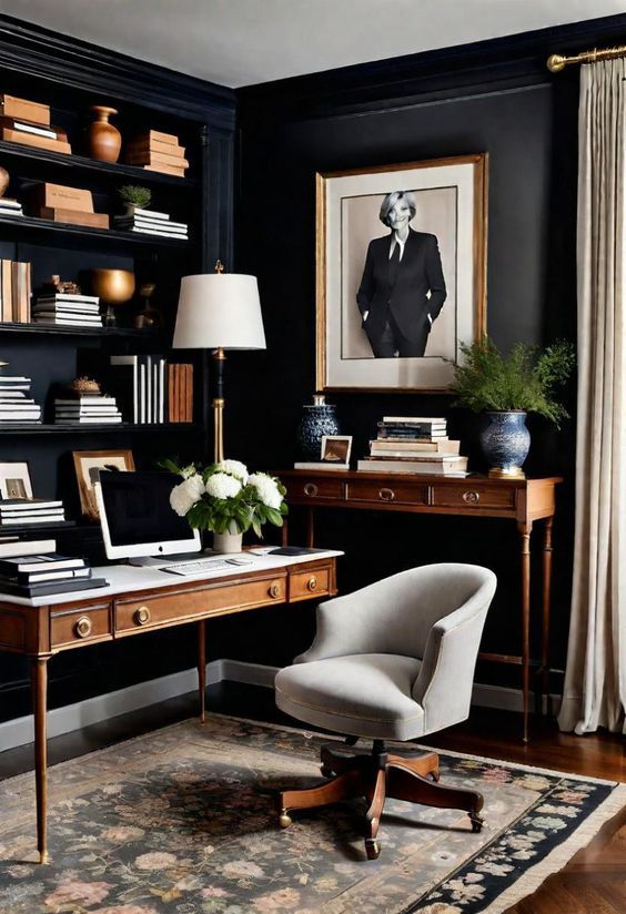 a home office with black walls and white furniture, including a desk in front of a bookcase