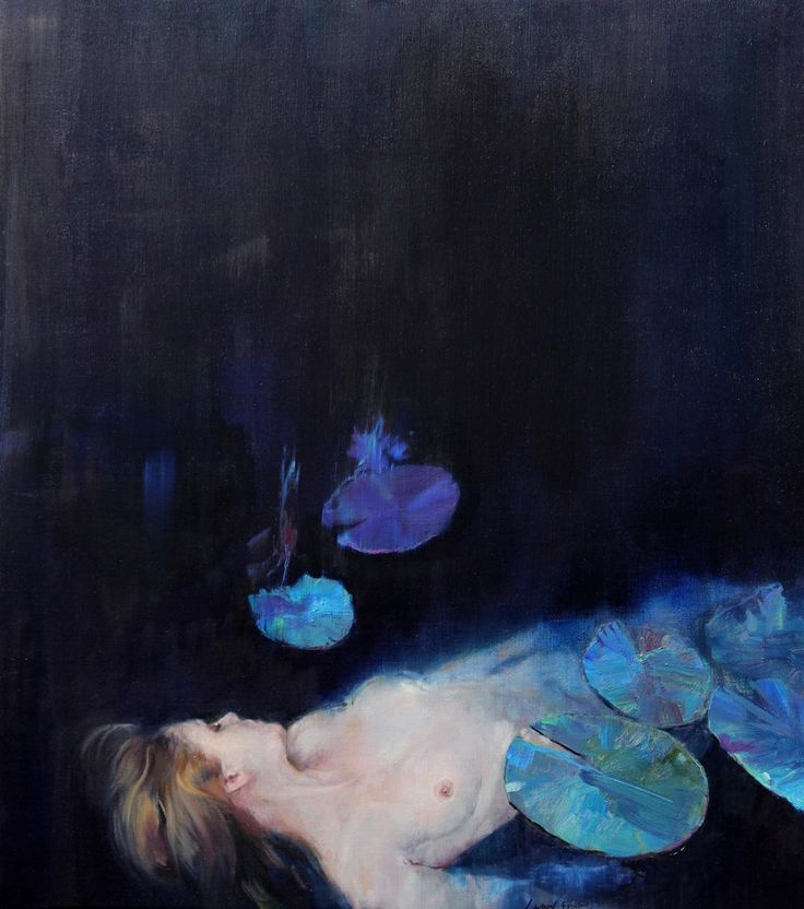 a painting of a woman laying on the ground next to water lillies and lily pads