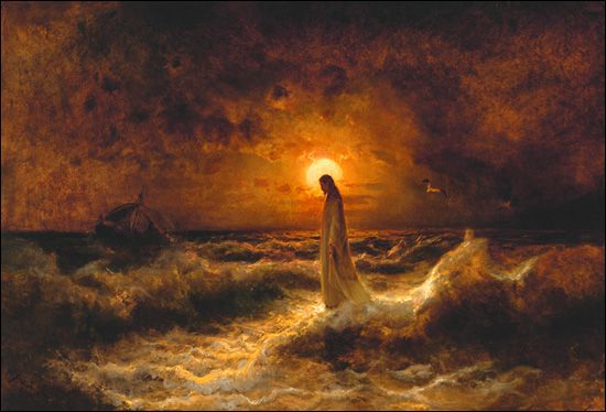 a painting of a woman standing in the ocean at sunset, with waves crashing around her