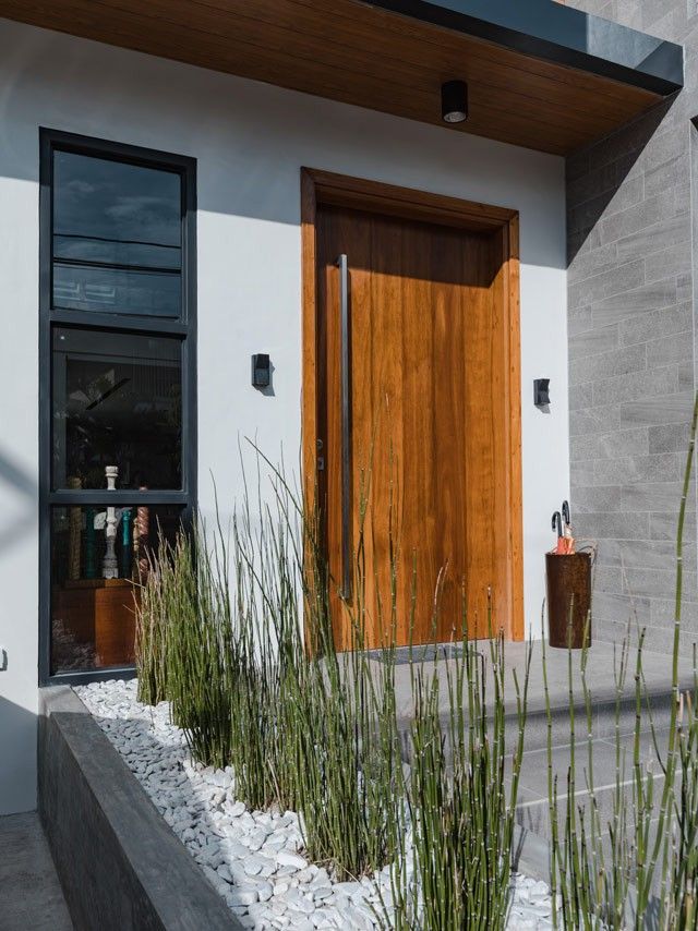 the front entrance to a modern home with tall grass and plants growing on the side