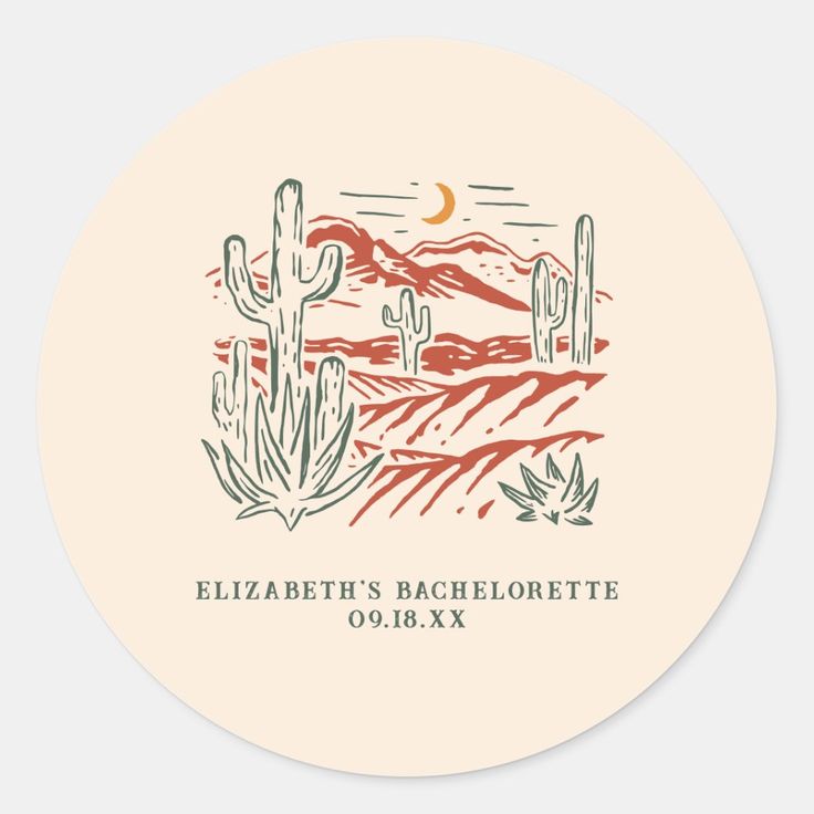 a round sticker with the words elizabeth's bachelor on it and cactus in the background