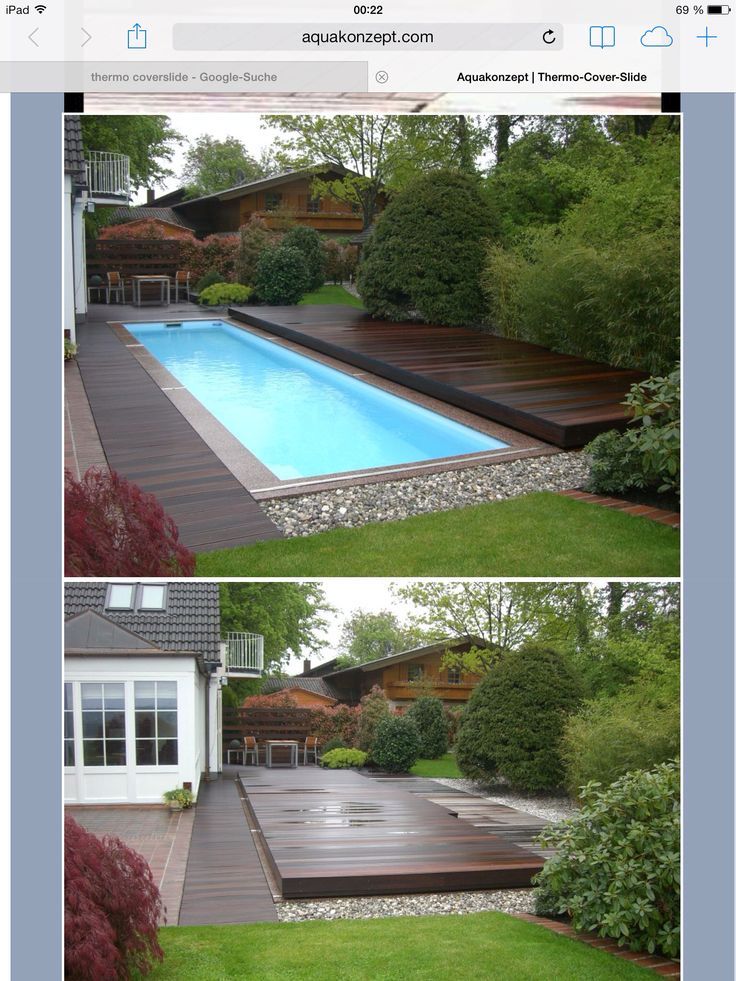 two pictures of a backyard with a swimming pool and decking area in the middle