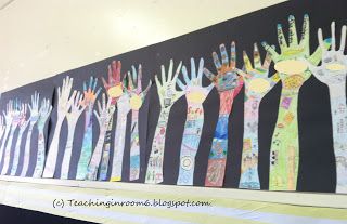 a group of handprints on a wall in front of a blackboard with white writing