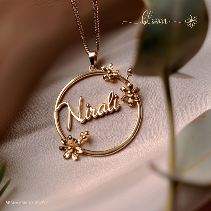 Add floral design to your name. #namependant #namenecklace #personalisedjewellery #goldnamependant Name Pendant Design, Name Pendant Gold, Necklace Name Design, Baby Jewelry Gold, Unique Gold Jewelry Designs, Yellow Gold Mens Rings, Instagram Add, Jewelry Design Drawing, Name Pendant