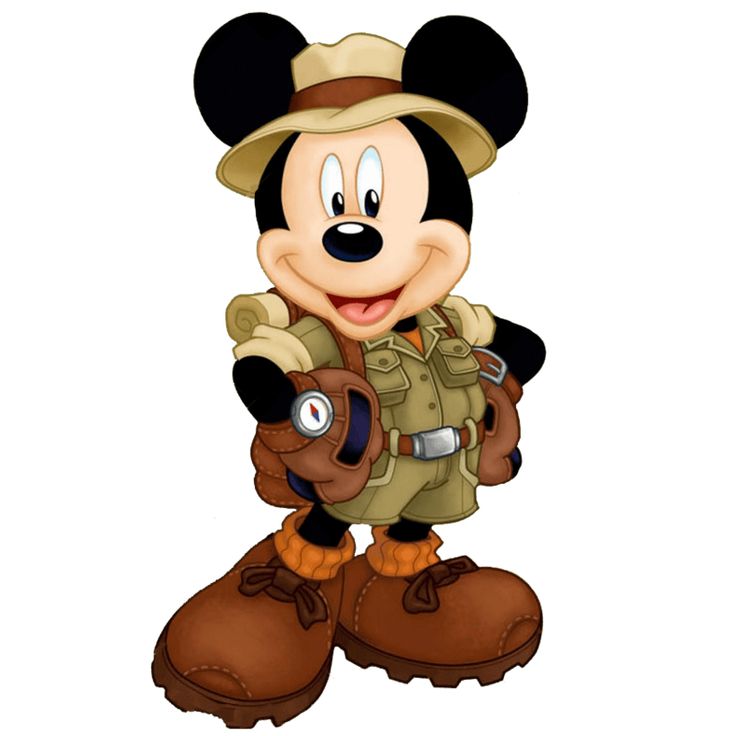 a mickey mouse with a hat and backpack on his back, standing in front of a white background