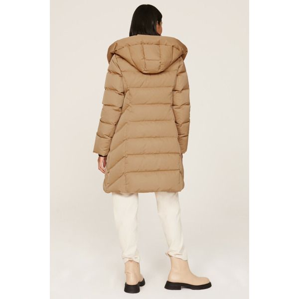 Brown nylon (100% Polyester). Puffer. Long sleeves. Mock neck. Front zipper closure. 36" from shoulder to hemline. Imported. Beige Nylon Outerwear With Padded Collar, Beige Puffer Jacket With Double-lined Hood For Fall, Beige Double-lined Hood Puffer Jacket For Fall, Beige Nylon Winter Outerwear, Fitted Outerwear With Zipper Closure And Stand Collar, Winter Beige Nylon Outerwear, Fitted Beige Outerwear With Stand Collar, Fitted Stand Collar Outerwear For Cold Weather, Beige Nylon Outerwear For Fall